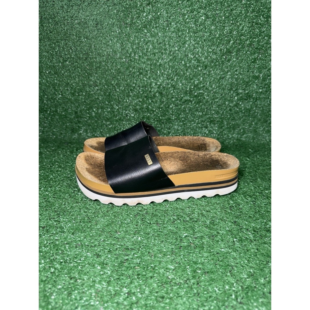 Reef Sandals Womens Size 8 Cushion Scout Hi Brown Black Leather Beach Slides - Picture 4 of 9